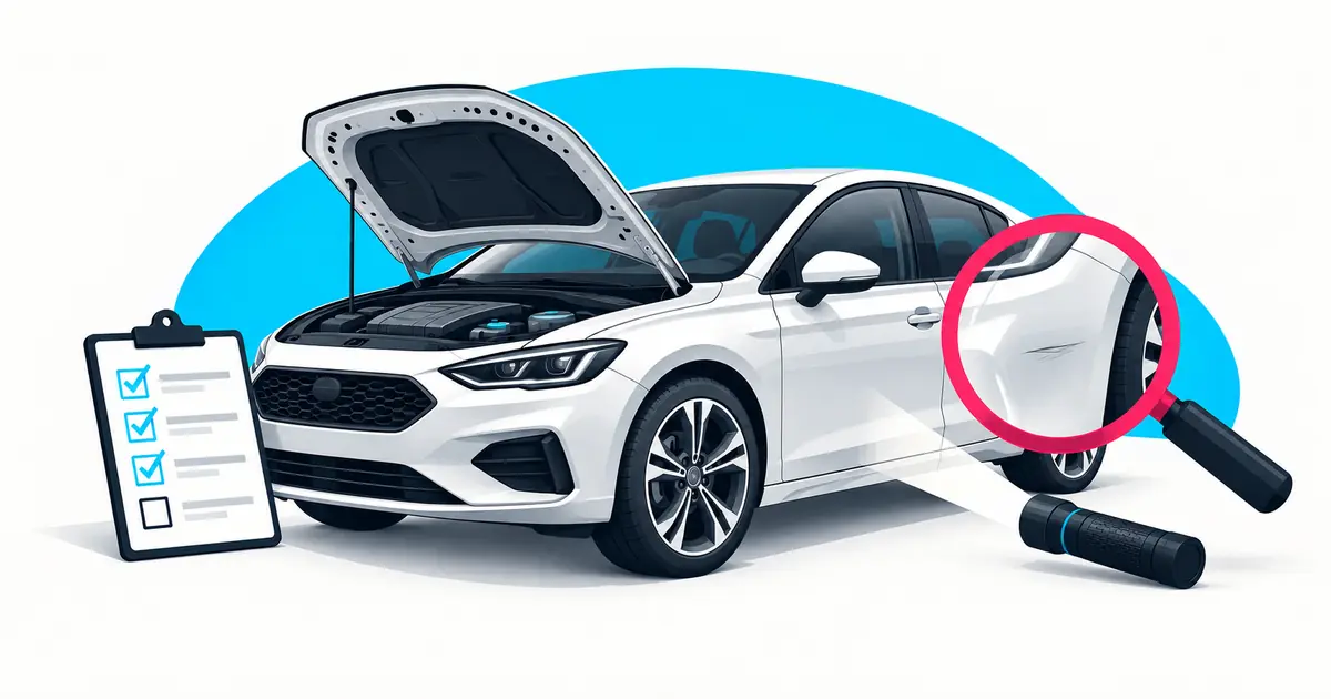 Polovni električni automobil sa otvorenim poklopcem i kontrolnom listom za pregled pre kupovine.