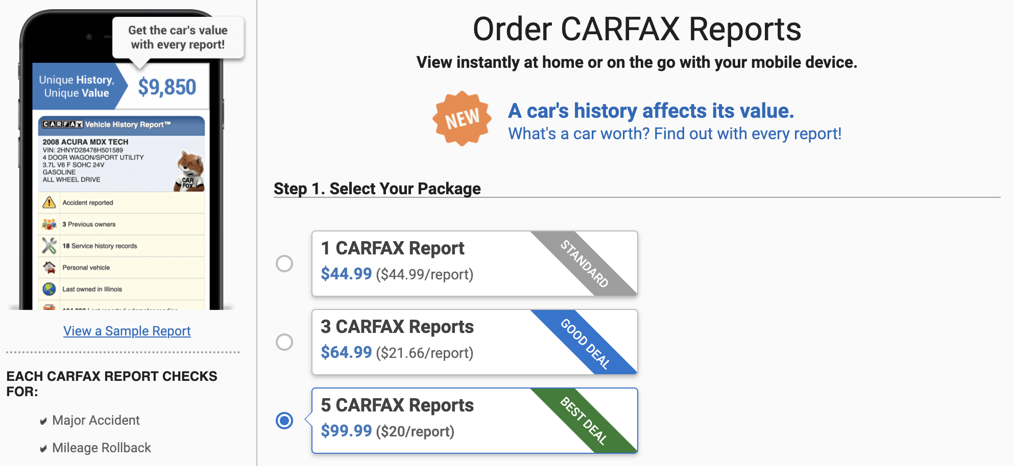 Arhivski prikaz CARFAX cena i paketa