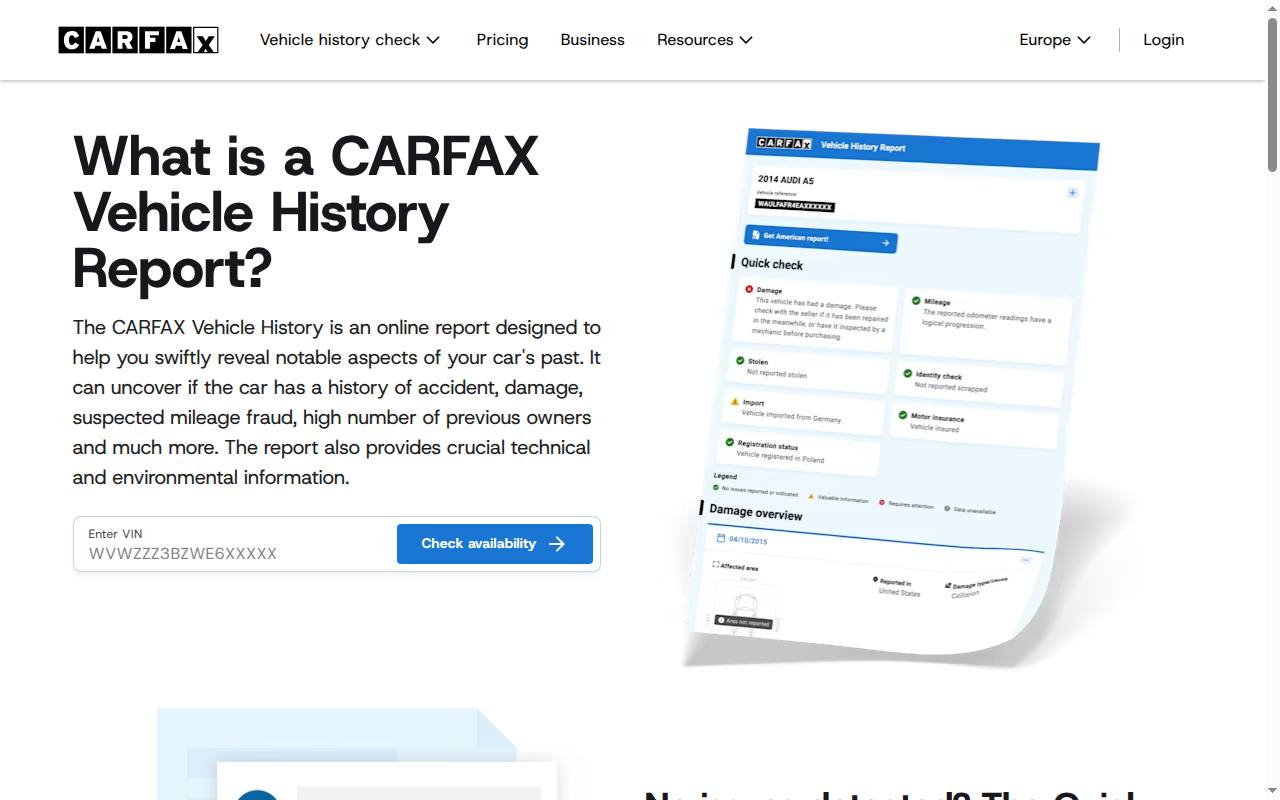 Primer sadržaja CARFAX izveštaja