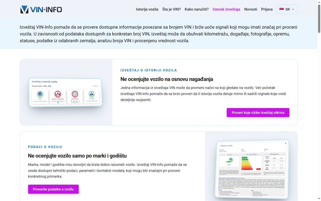 Primer izveštaja o istoriji vozila VIN-Info